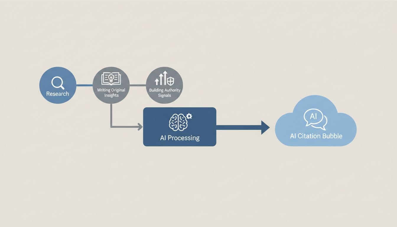 Modern flowchart depicting the content creation process for Google AI SEO, with icons for research, original insights, authority signals, and AI citation.