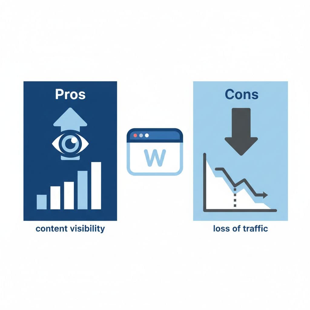 Balanced scale with central website icon, one side eye icon and upward arrow, other side downward arrow and dropping graph.