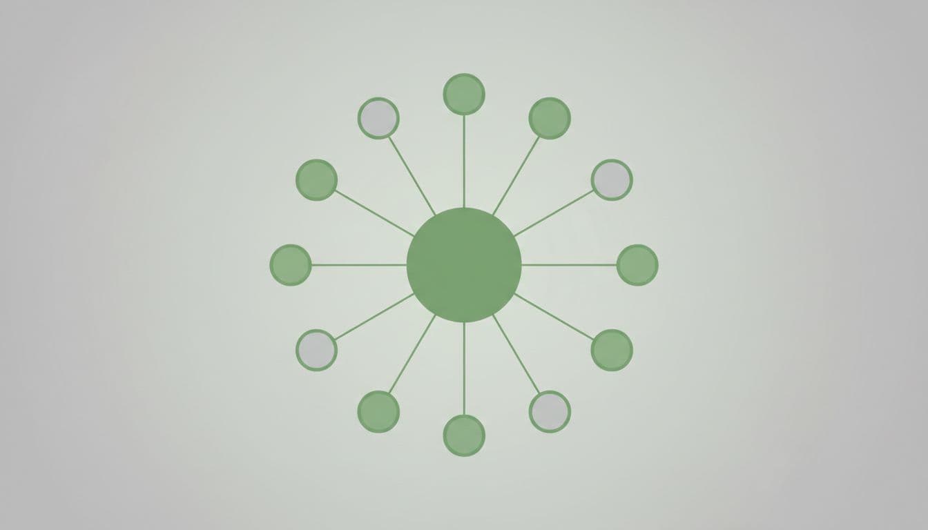 Central circle node connected by thin lines to 8-10 surrounding smaller nodes on subtle gradient background.
