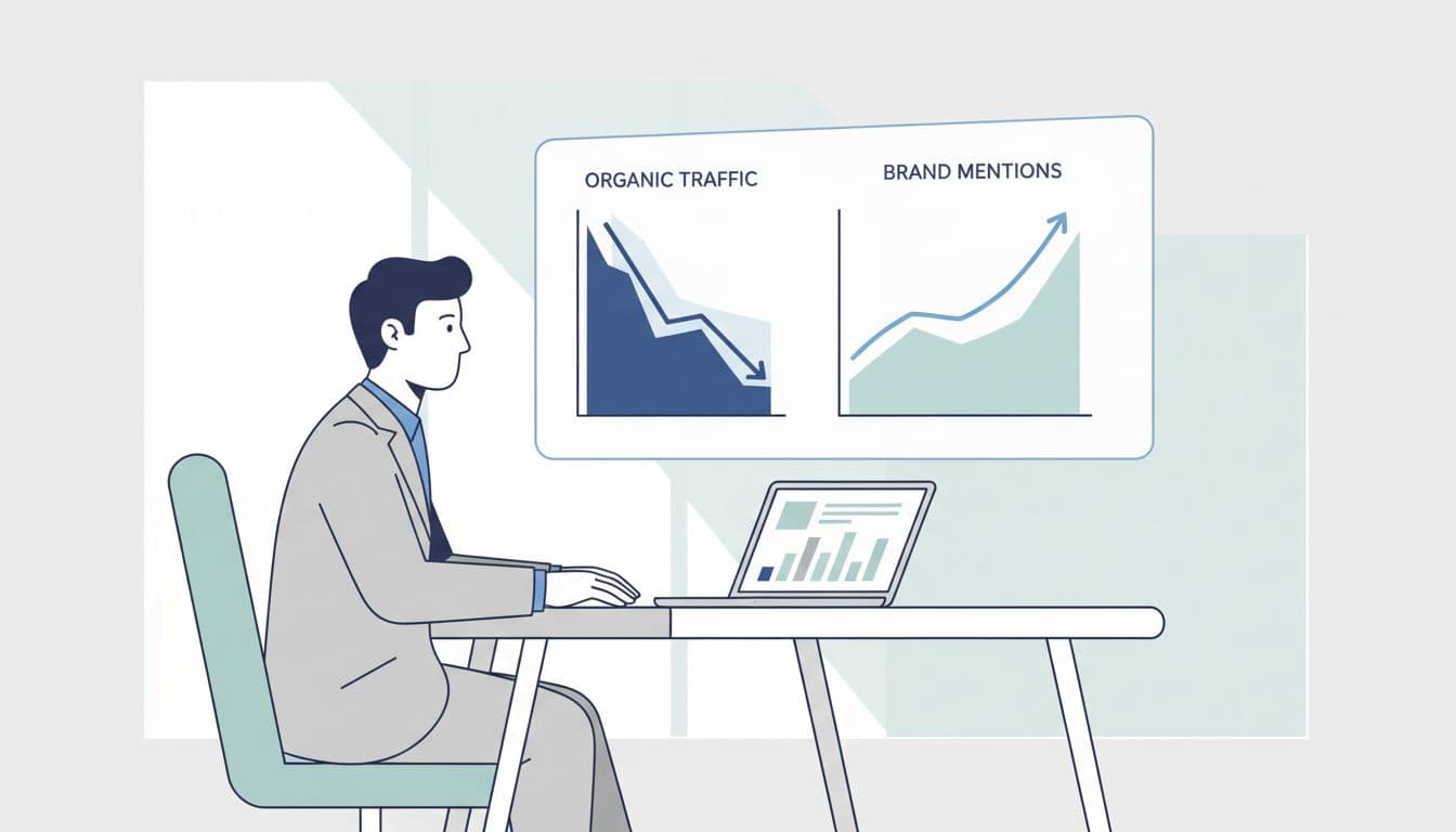 Modern illustration of a business professional at a desk examining an analytics dashboard displaying a declining traffic graph next to a rising brand mentions chart, in clean shapes with blues and grays.