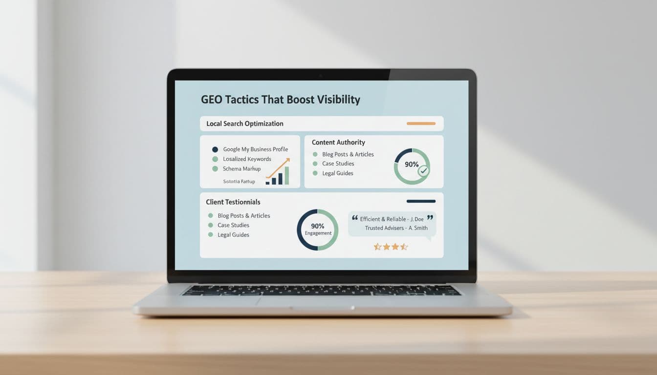 Modern illustration of an optimized business content page for law firm services displayed on a laptop screen, featuring clear headings, bullet points, statistics, quotes, and structured layout on a simple office desk with professional tones and soft lighting.