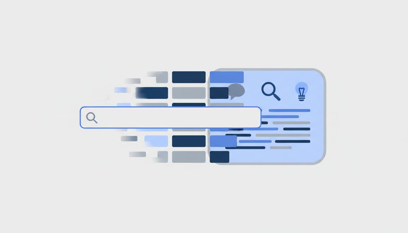 Modern abstract illustration of a Google search page transforming into an AI Overviews panel with fading website icons, in blues and grays.