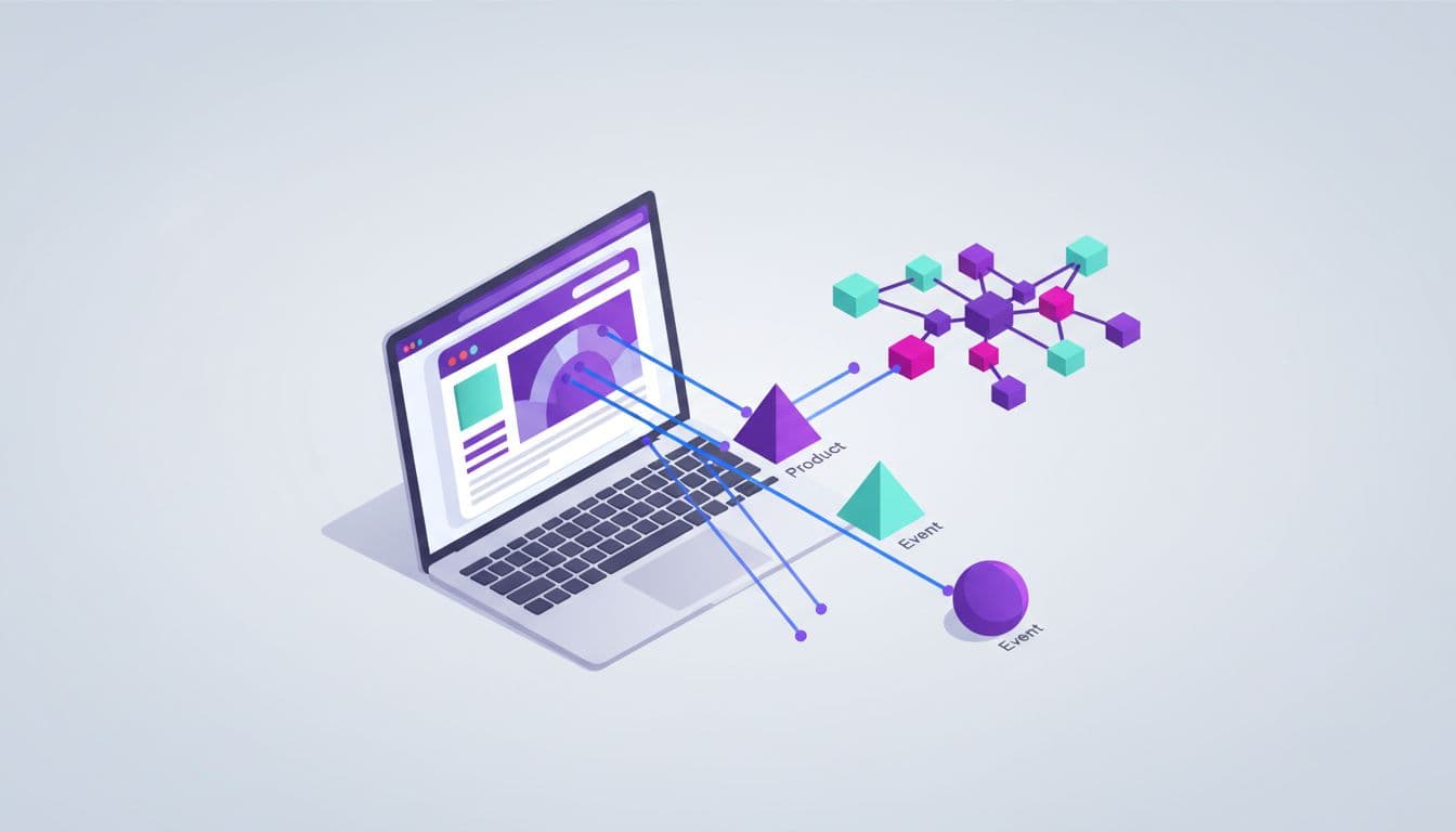 Isometric laptop screen displays abstract webpage connected by glowing lines to data schema icons and knowledge graph.