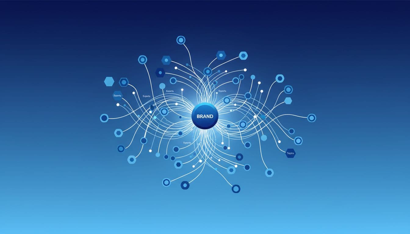 Modern illustration of interconnected nodes and lines in blues and whites, depicting a knowledge graph with a central brand node radiating connections to entities like experts and topics, floating on a gradient background.