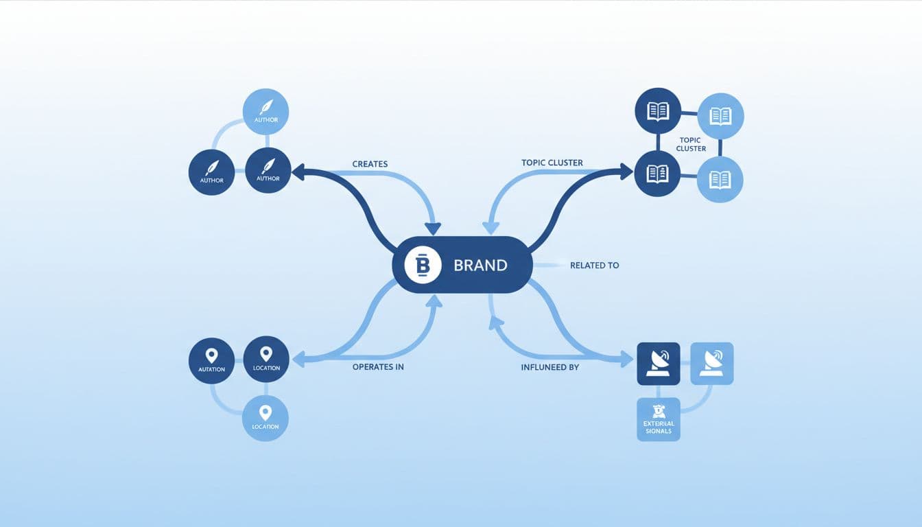 Central brand node connects to author, topic, and location nodes via lines in clean visualization.