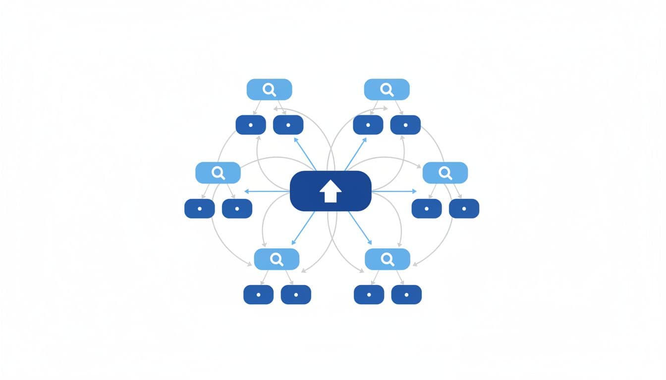 Central pillar node branches to cluster topics with subtopics, connected by lines on clean blue-gray background.