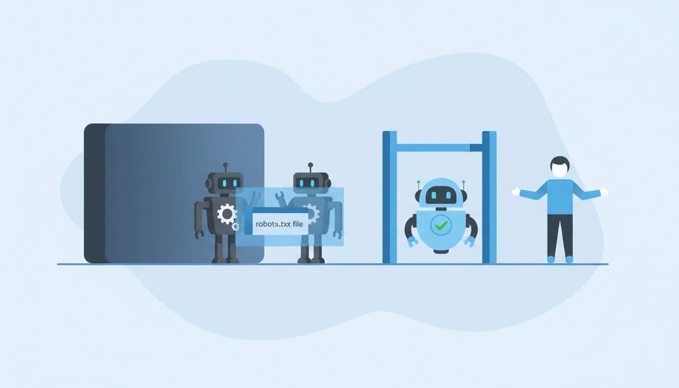Server diagram with robots.txt barrier stops two robot crawlers; webmaster allows one search bot through gate.