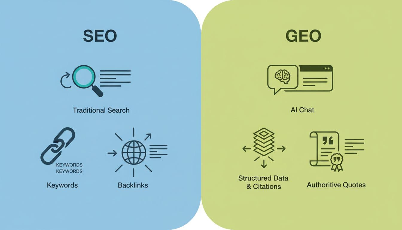 Modern split-screen illustration comparing traditional SEO tactics (keywords, backlinks) on the left with GEO tactics (structured data, citations, authoritative quotes) on the right, using clean shapes, blues and greens, simple icons, and soft lighting.