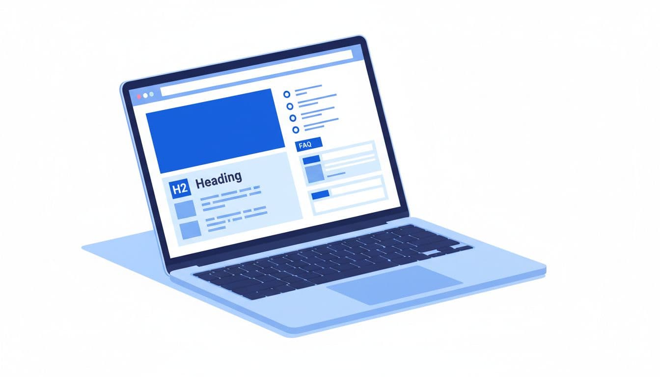 Modern illustration featuring an open laptop on a desk showing a webpage with clean structured layout including H2 headings, short paragraphs, bullet lists, and FAQ accordion, emphasizing information architecture in blues and whites.