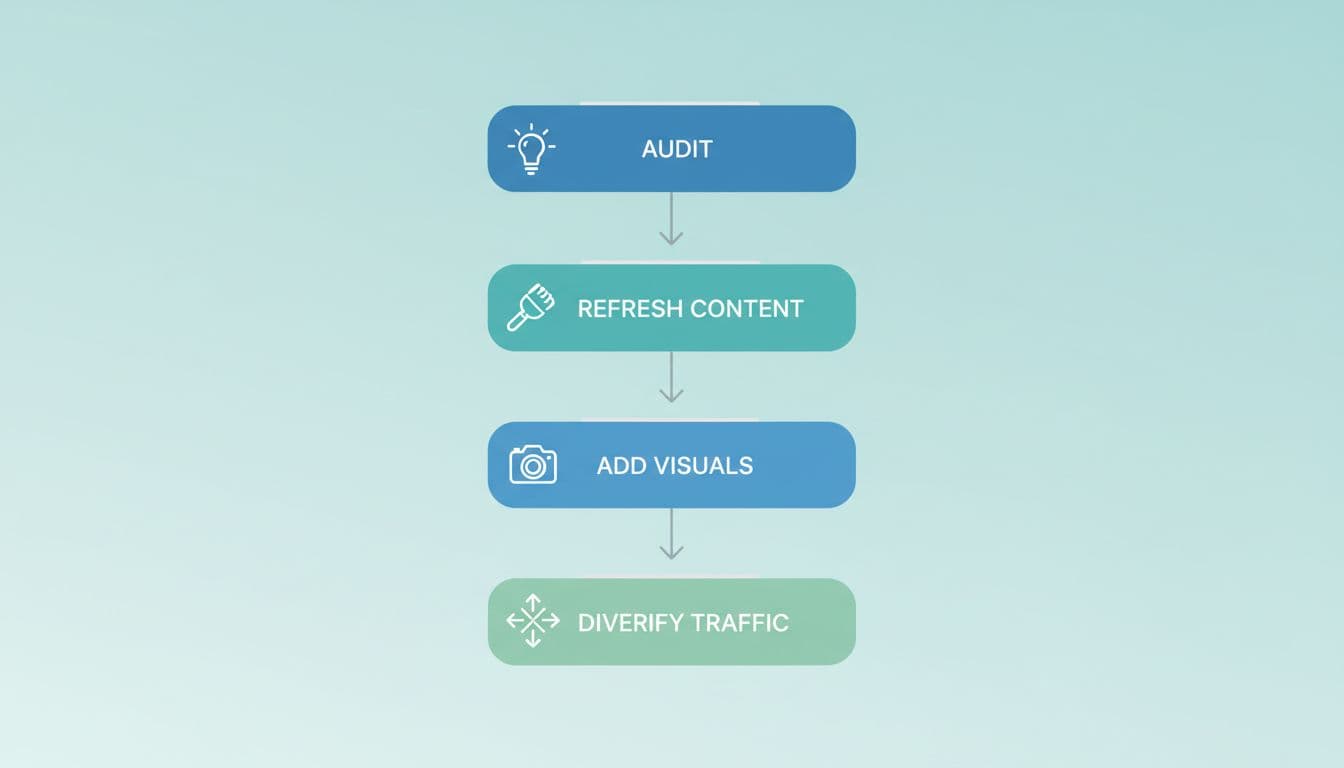 Vertical flowchart in blue-green tones shows audit, content refresh, add visuals, and diversify traffic steps with icons linked by arrows.