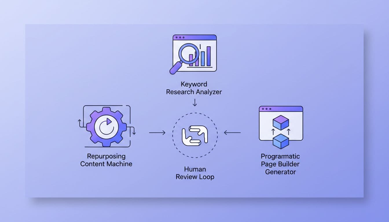 Three icons for content repurposing, keyword analysis, and page building connect by arrows to central human review loop.