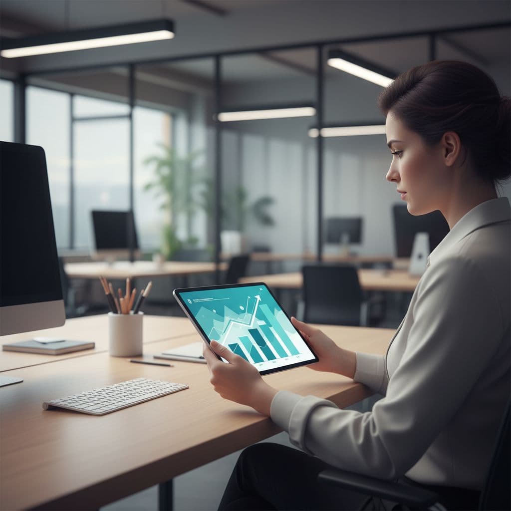 A professional examines tablet charts illustrating website performance trends in a modern office environment.