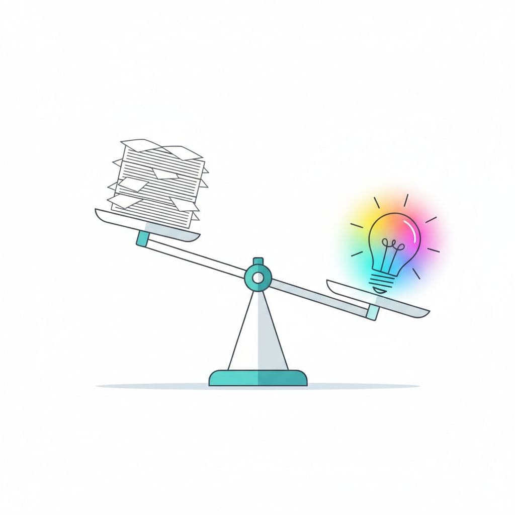A minimalist balance scale holds a pile of papers on one side and a glowing lightbulb on the other.