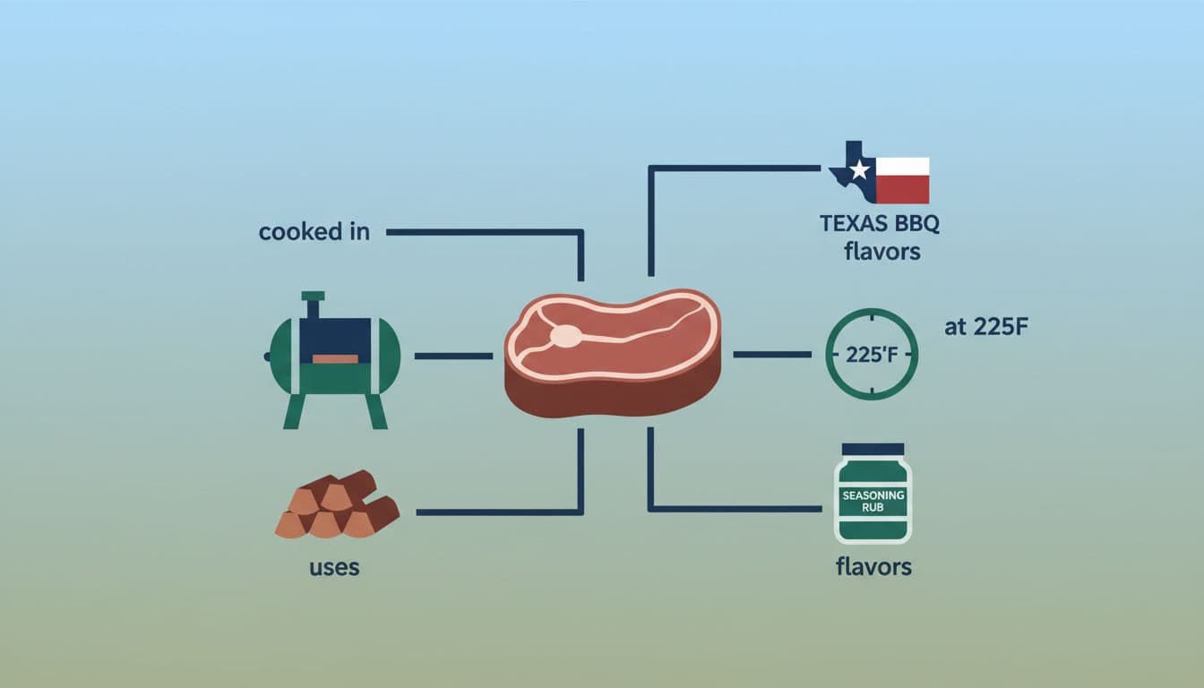 Central brisket connected by labeled lines to smoker, wood logs, thermometer, rub jar, smoke ring, and Texas BBQ flag.