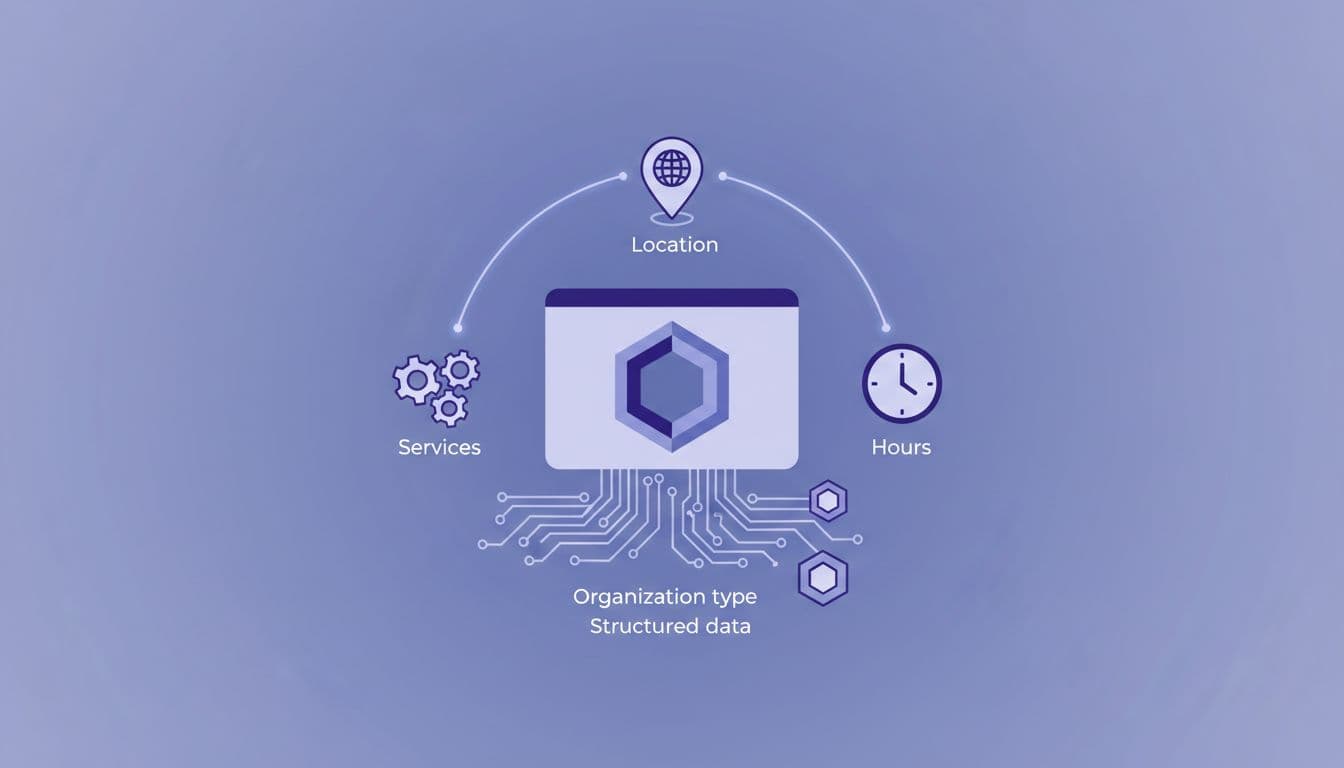 Central digital ID badge with gears, map pin, and clock icons connected by data lines in soft blue-purple tones.