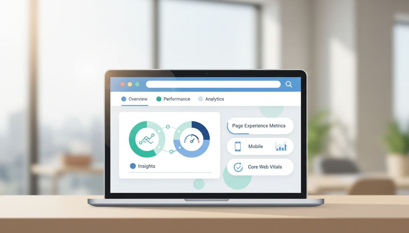 Laptop screen shows modern dashboard with clear navigation, charts, and metrics icons.