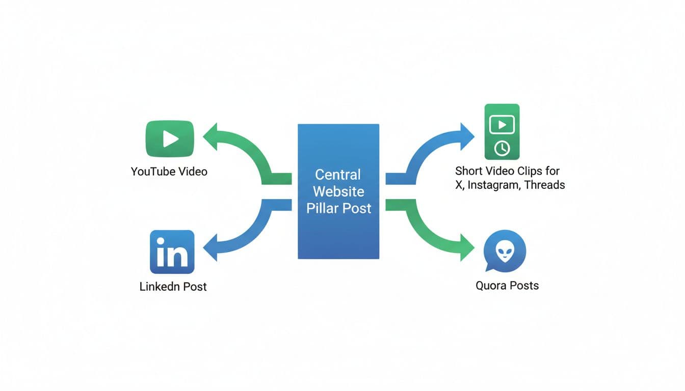 Central website pillar icon with arrows branching to YouTube video, LinkedIn post, short clips for X Instagram Threads, Reddit, and Quora icons in blue-green tones.