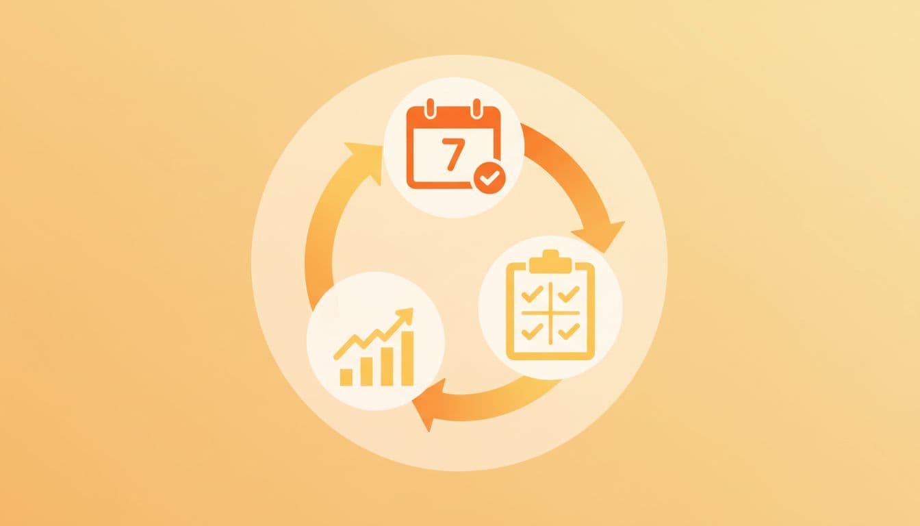 Circular diagram with weekly calendar icon, quarterly checklist, and monthly rising graph arrows in orange-yellow tones.