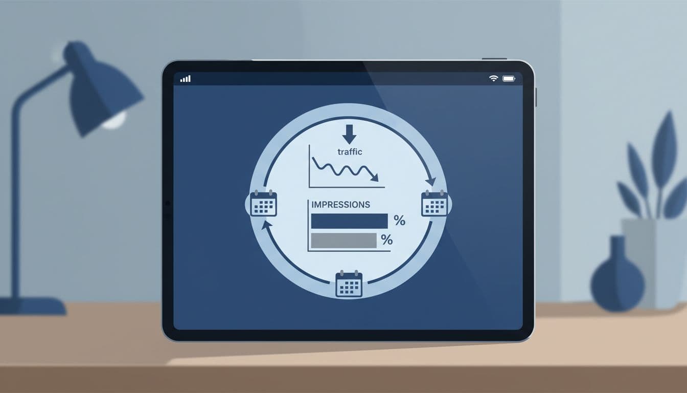 Tablet on desk displays flowchart with calendar icons, decaying-rising traffic graph, and impressions CTR metrics.