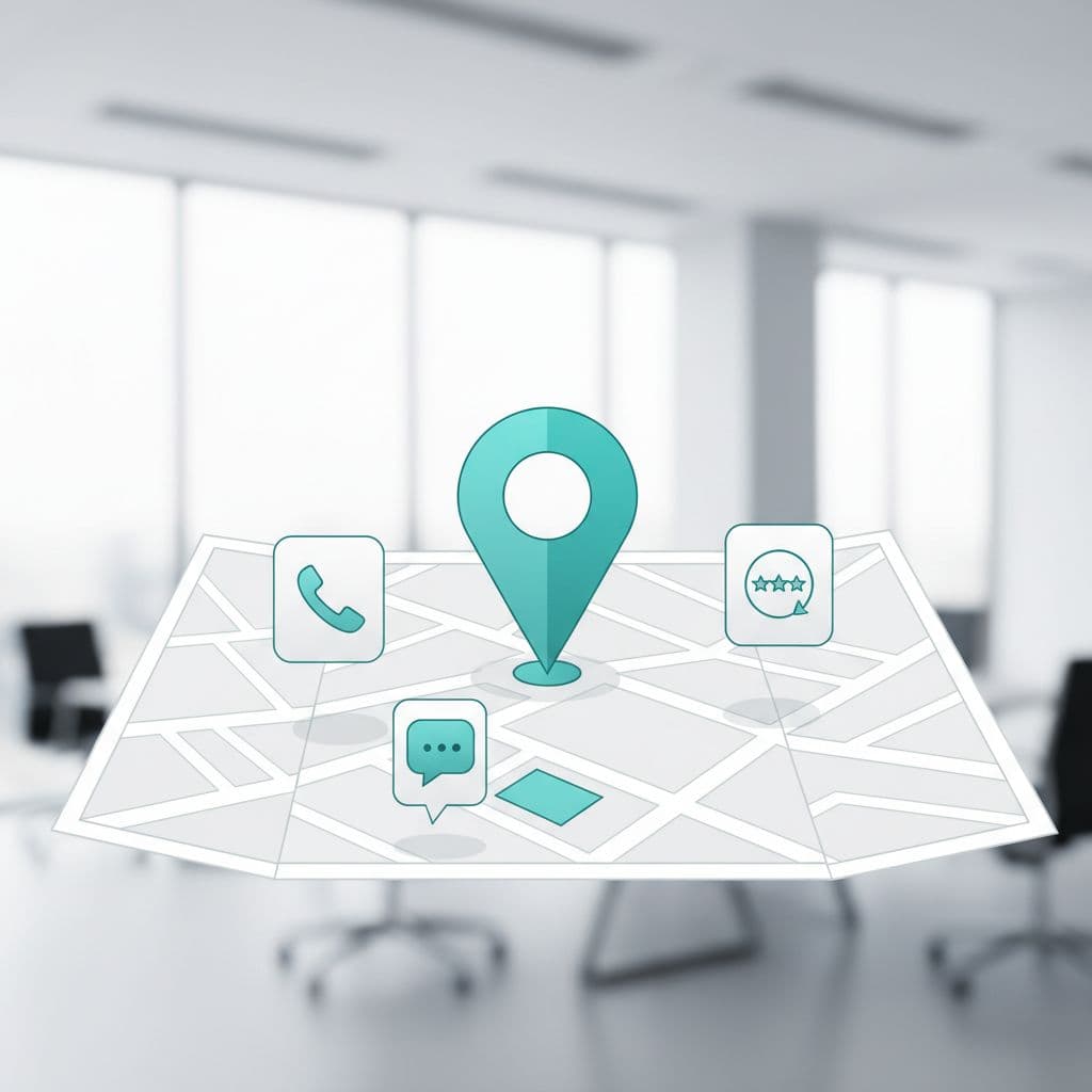 A digital map interface features a location pin with floating icons for customer communication in an office.