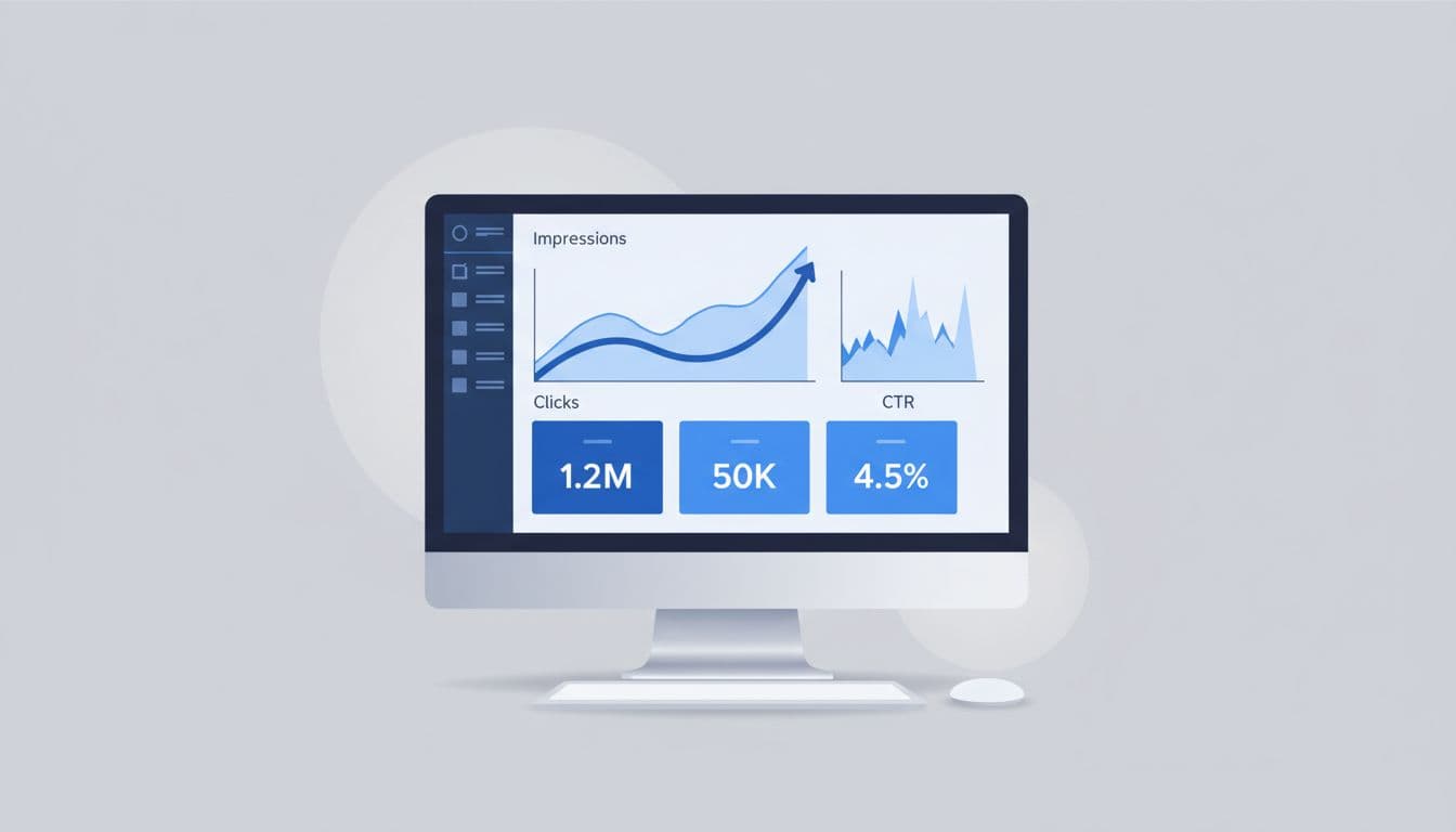 Computer screen on desk with keyboard displays GSC dashboard graphs for impressions, clicks, and CTR.