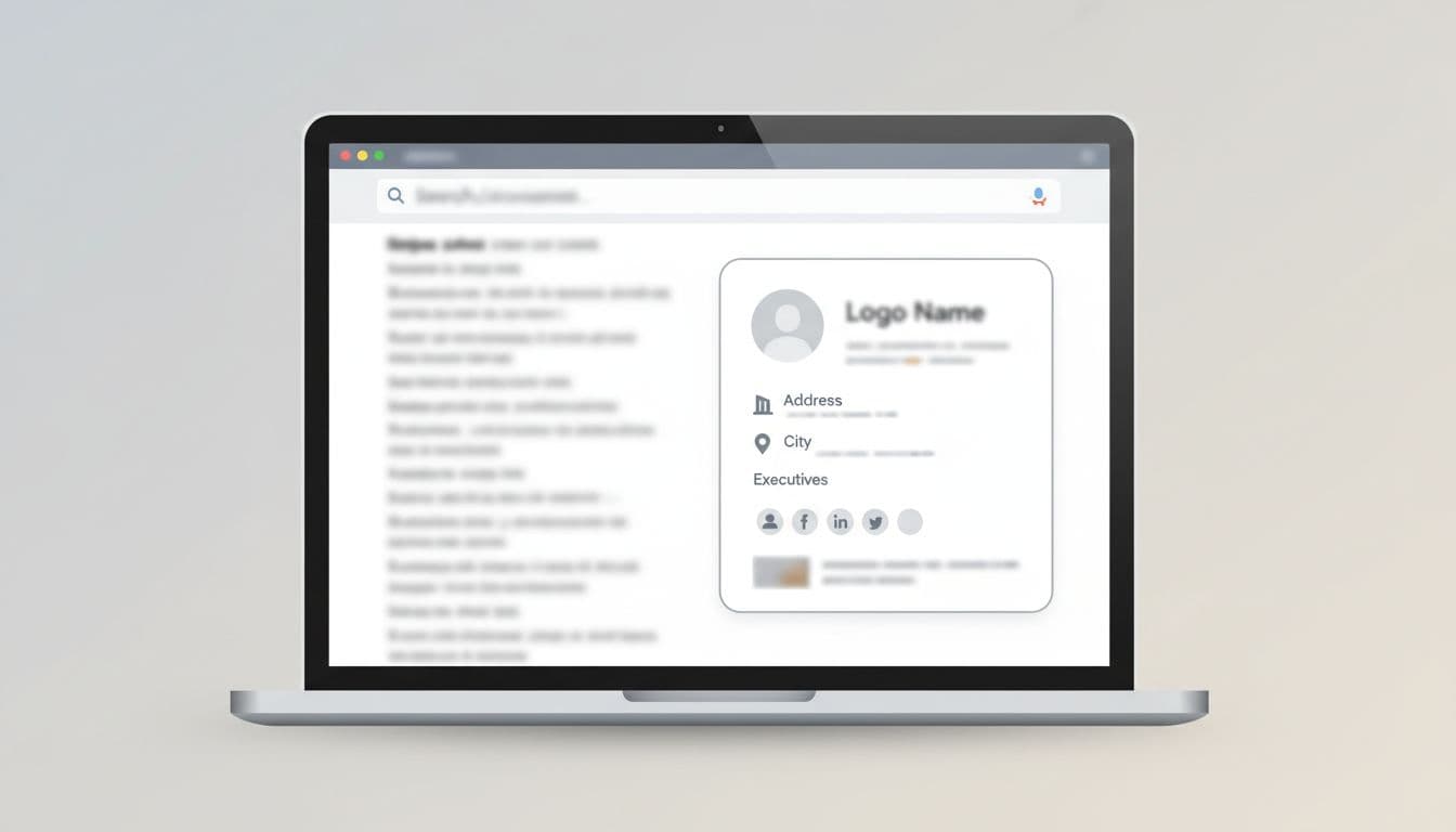 Laptop screen shows Google search page with right-side knowledge panel displaying organization details via icons.