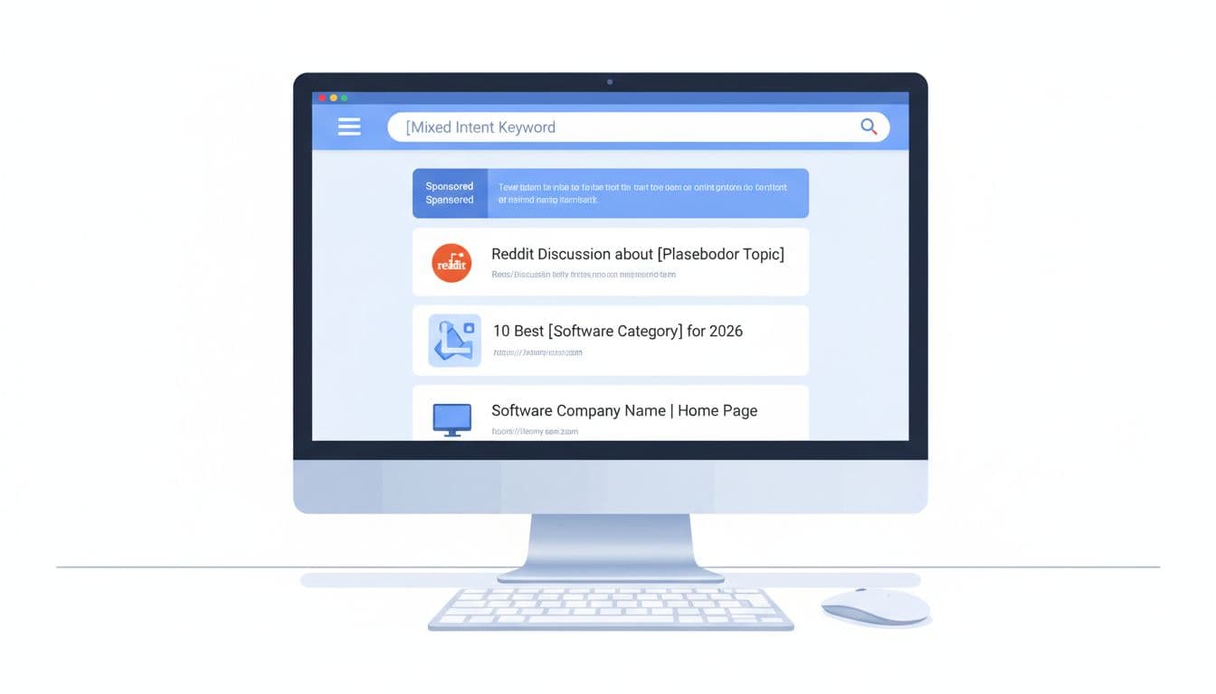 Computer screen on clean office desk shows Google search results page with top sponsored ads, Reddit discussion, listicle thumbnail, and company homepages.