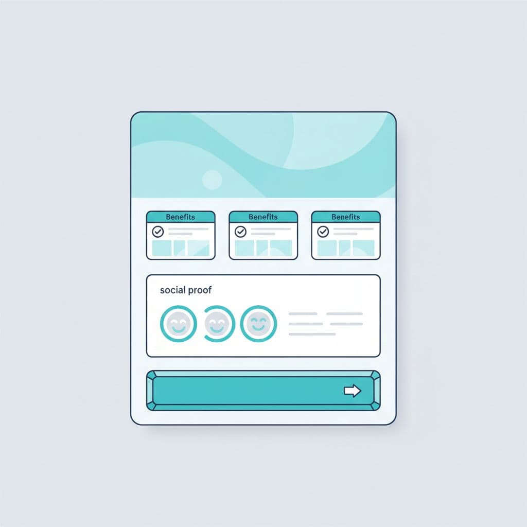 A flat illustration shows a clean website layout featuring a hero, benefits, testimonials, and action button.