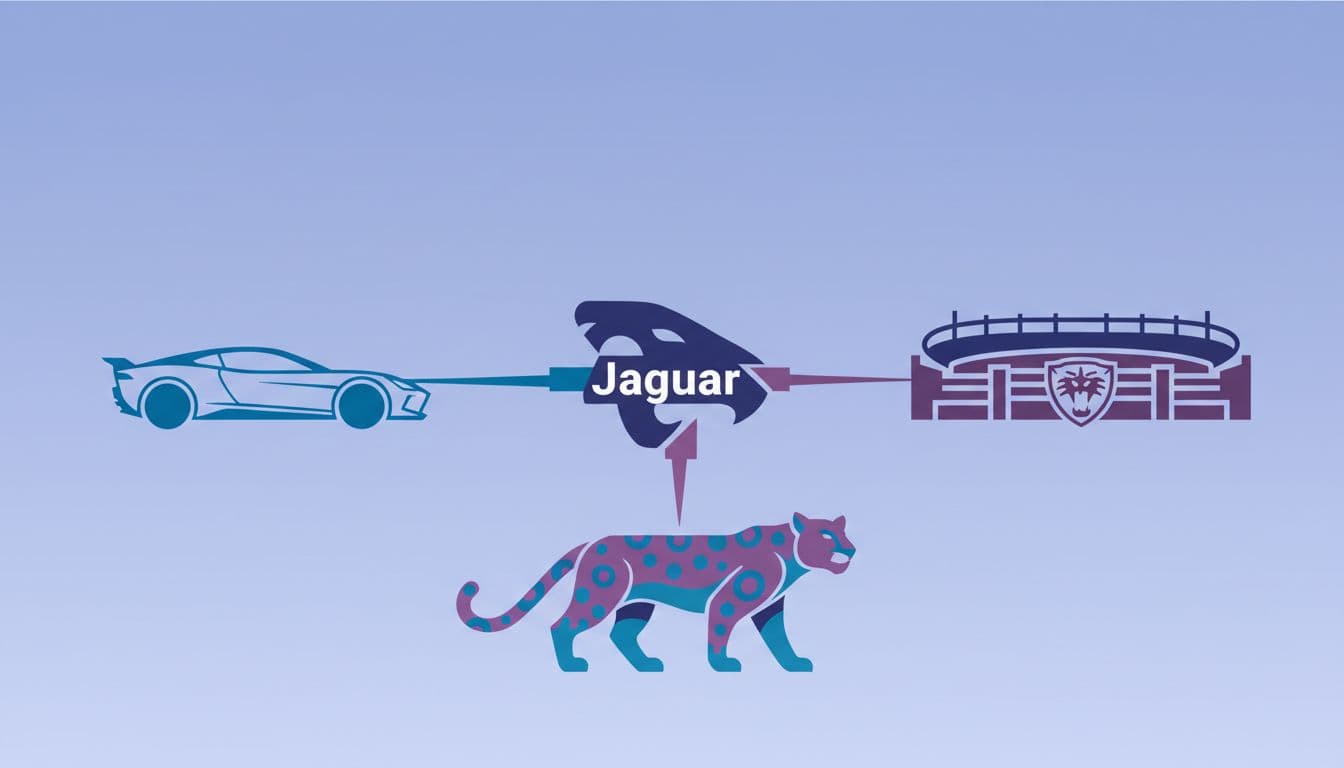 Jaguar word at center splits into branches showing sleek car, spotted jungle cat, and football stadium silhouette in blue-purple tones.