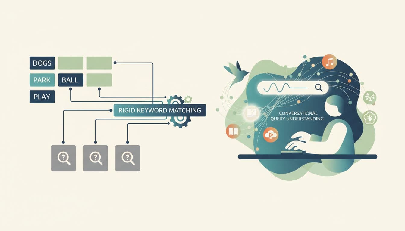 Left side shows isolated words linking to boxes; right side depicts person typing natural query connected by neural paths to content icons.
