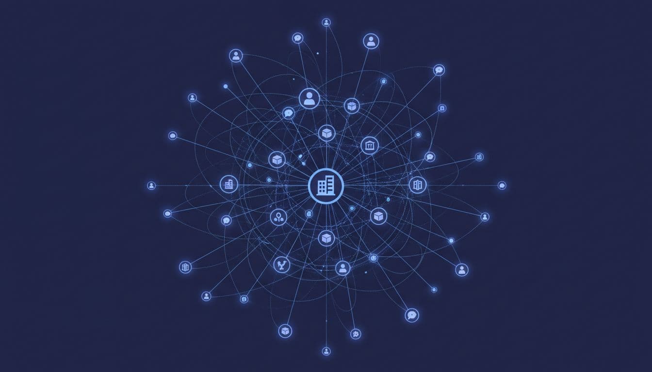 Vast network of glowing icons for entities connected by central graph structure in soft blue-purple tones.