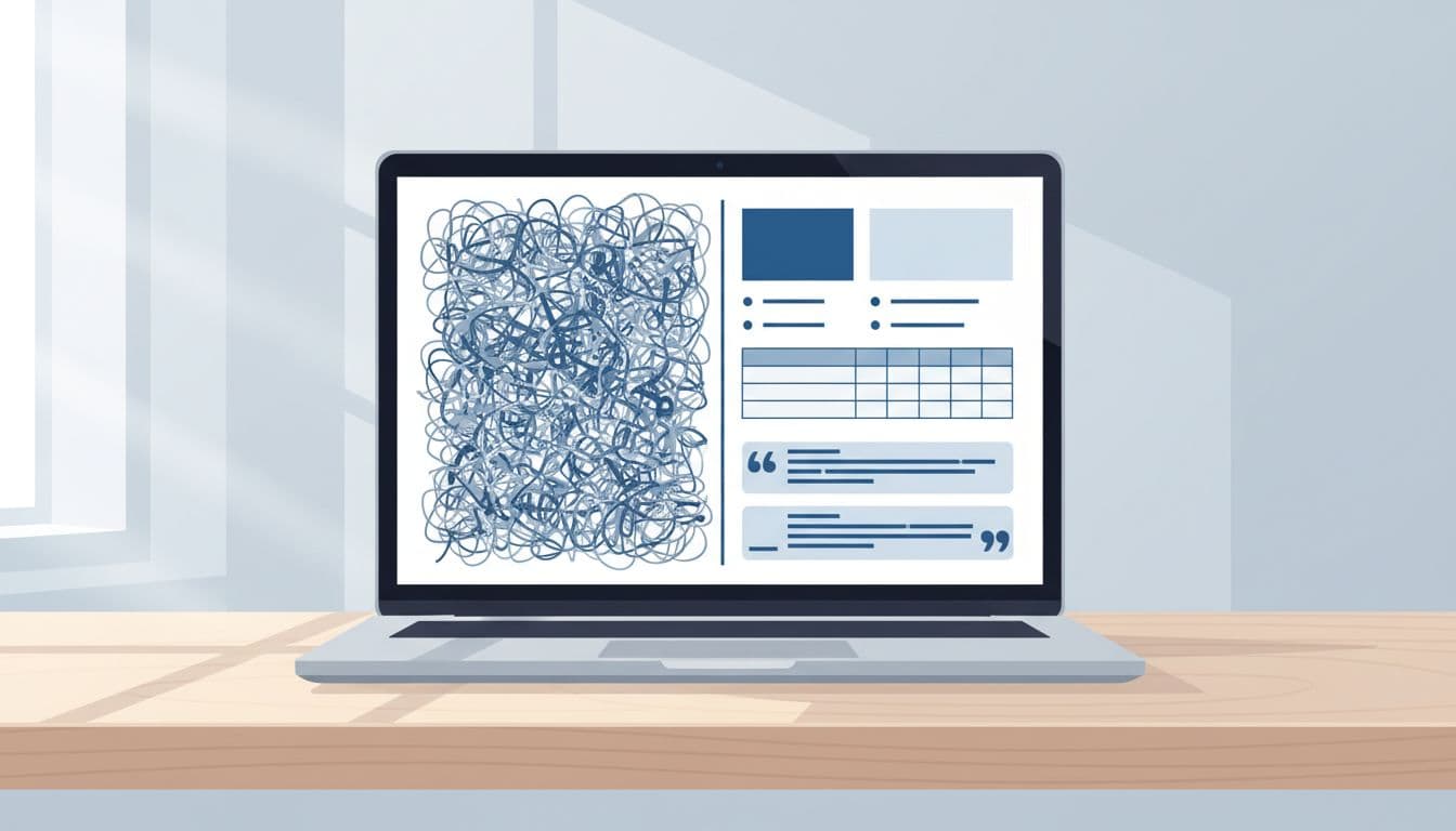 Laptop on office desk shows split screen: left with tangled unstructured text, right with clean headings lists table and quotes.