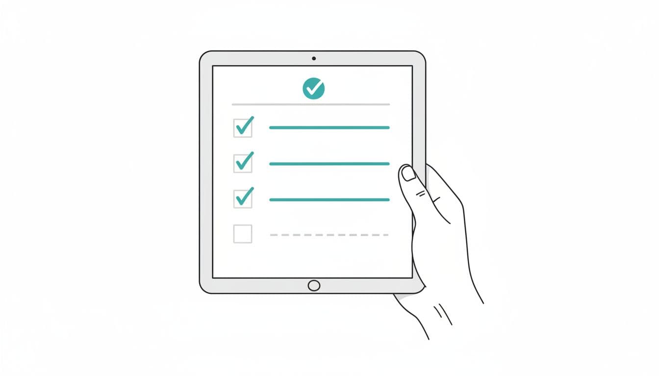A clean, minimalist illustration of a digital checklist being completed on a tablet screen.