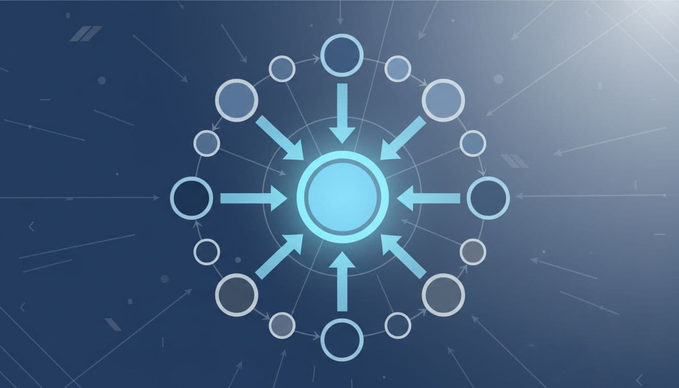 Central prominent website receives multiple incoming arrows from smaller surrounding websites in a network.