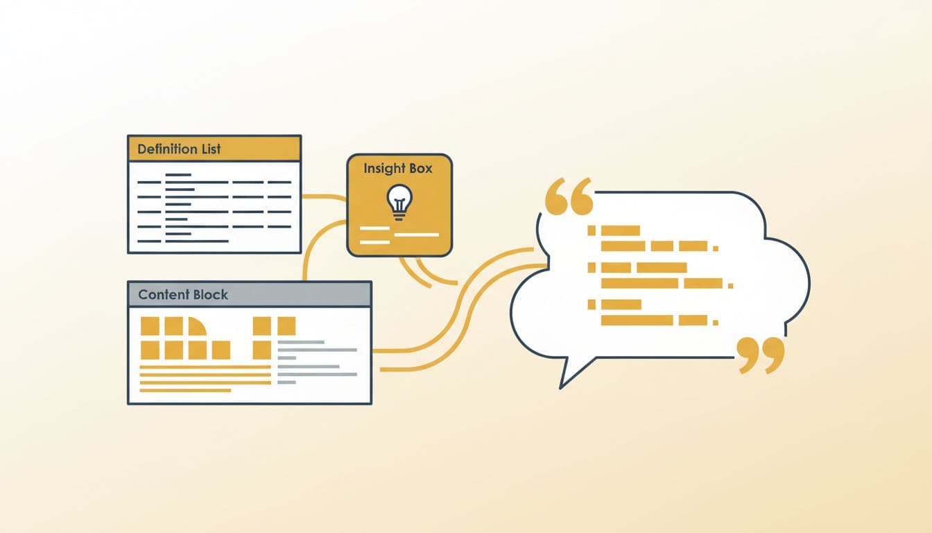 Quote bubble emerges from structured blocks including definition list, table, and insight box.