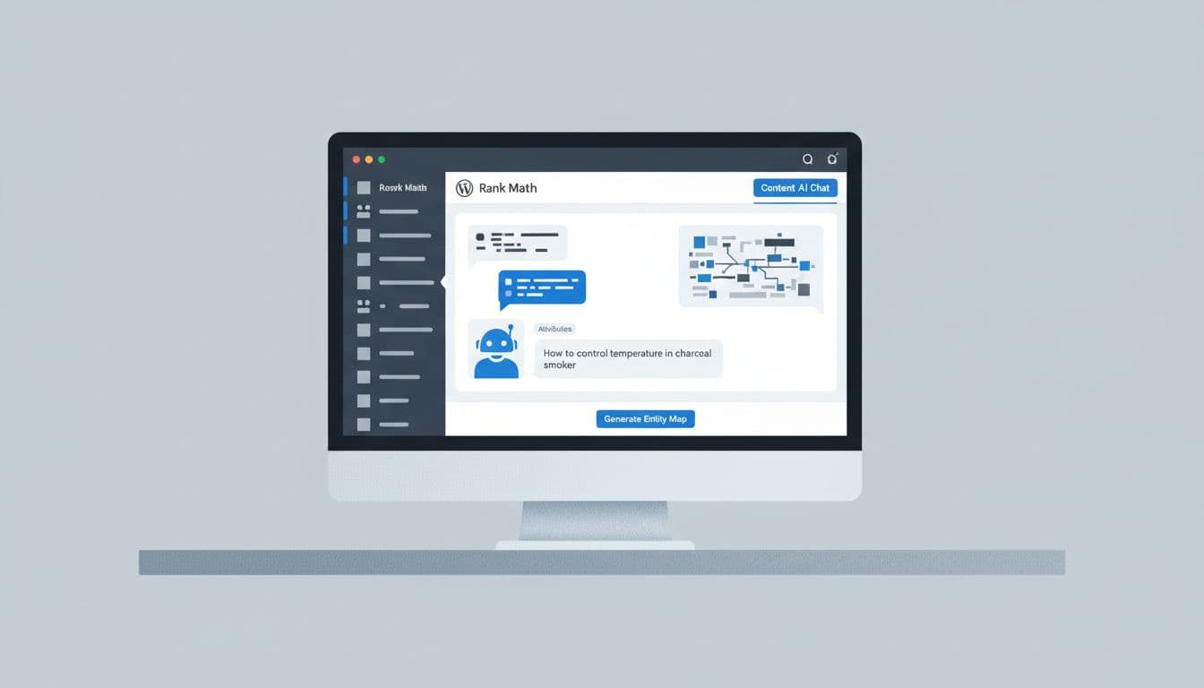 WordPress dashboard screen on desk shows Rank Math Content AI chat tab with entity conversation bubbles.