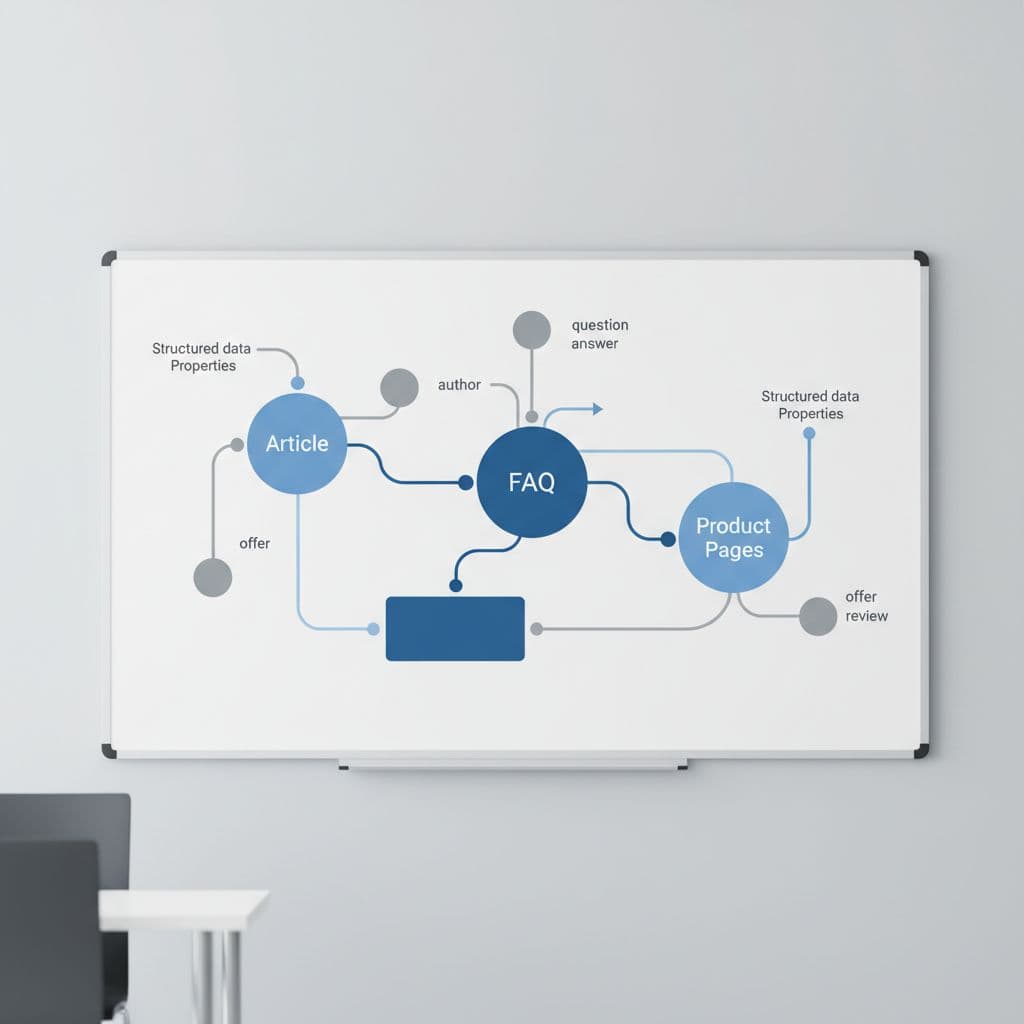 Abstract graph of connected nodes for Article, FAQ, and Product schema on whiteboard in simple office.