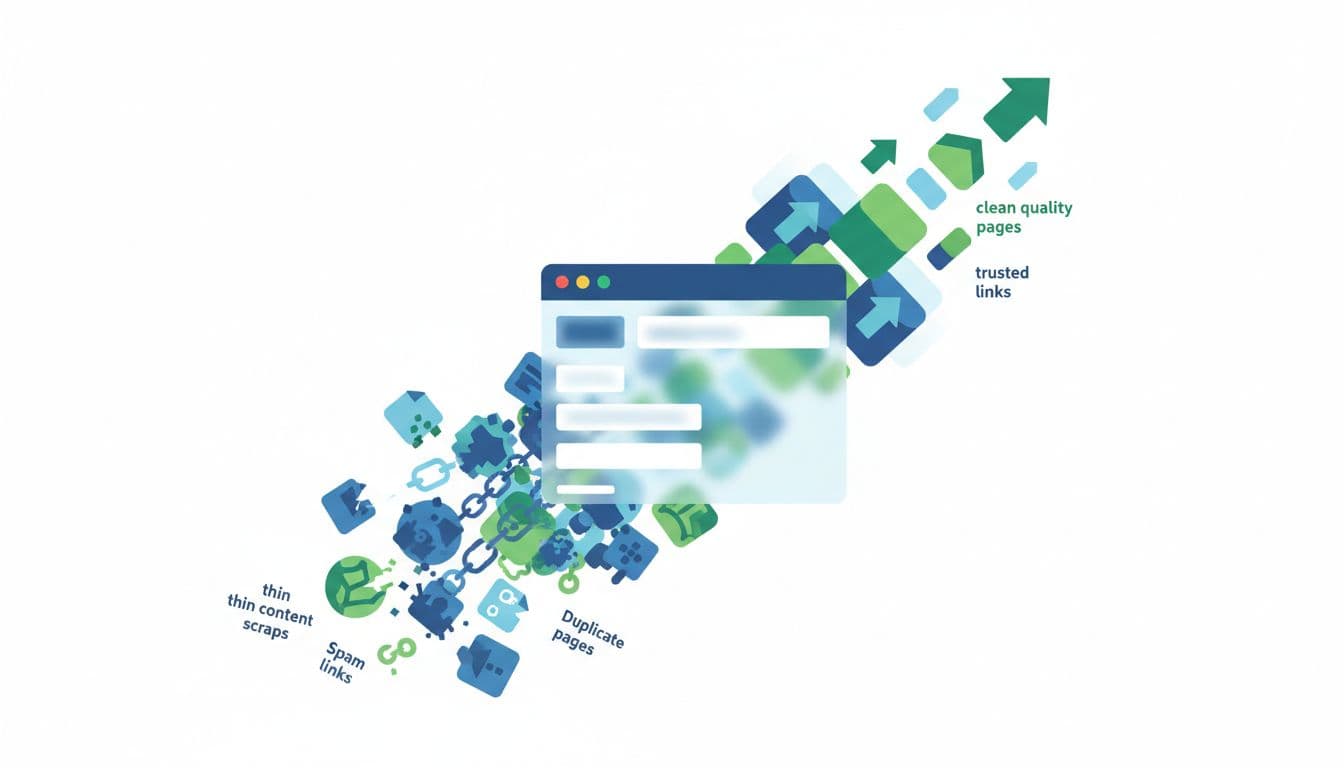 Cluttered left-side search results show spam icons falling; clean pages and trusted links rise on the right.