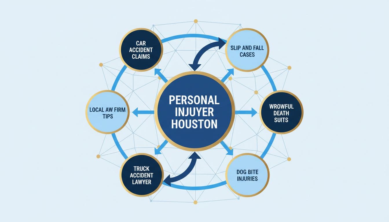 Central 'personal injury lawyer houston' hub connected by arrows to cluster pages on car accidents, slips, wrongful death, and law tips.