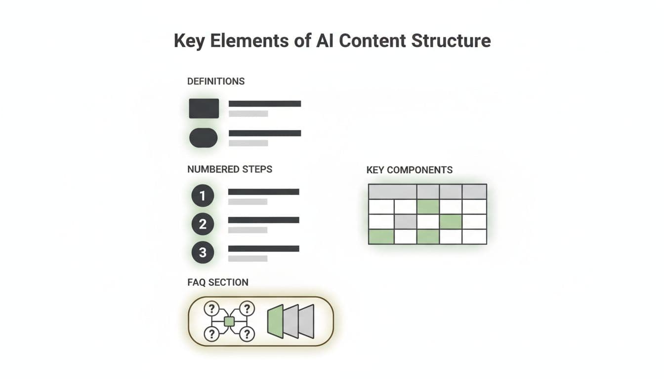 Illustration of article page with headings, definitions, numbered steps, table, and FAQ section highlighted in glow on white background.