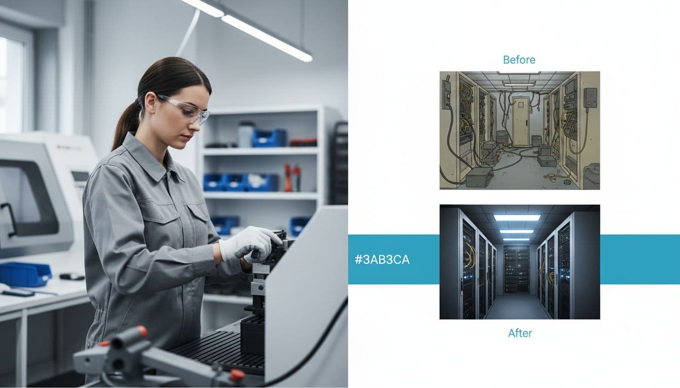 A split screen showing a professional working at a desk alongside a successful project outcome.