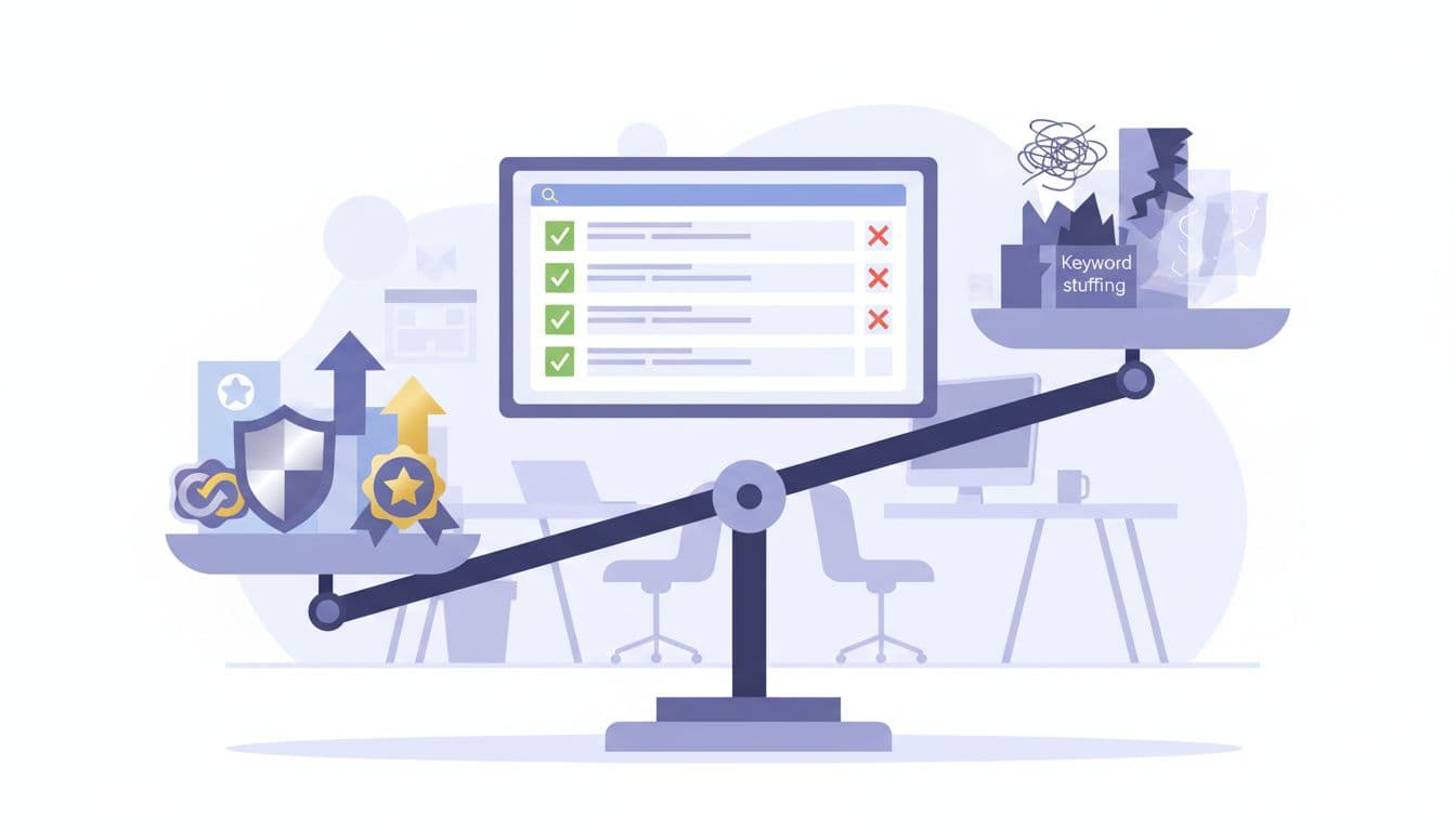 Scale tips with trust icons like shields and badges heavier than spam elements like keyword stuffing, on office background with search results screen.