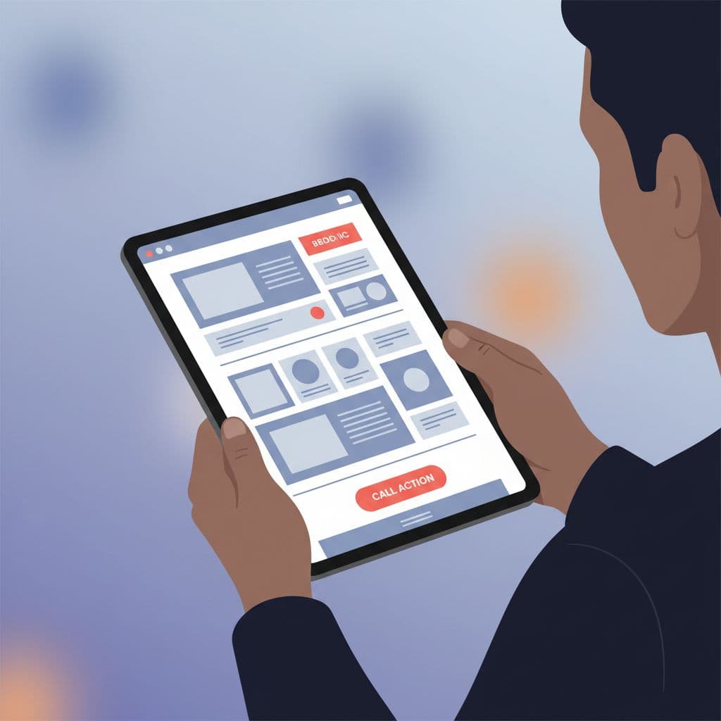 A person holds a tablet displaying a minimalist website layout with prominent call to action buttons.