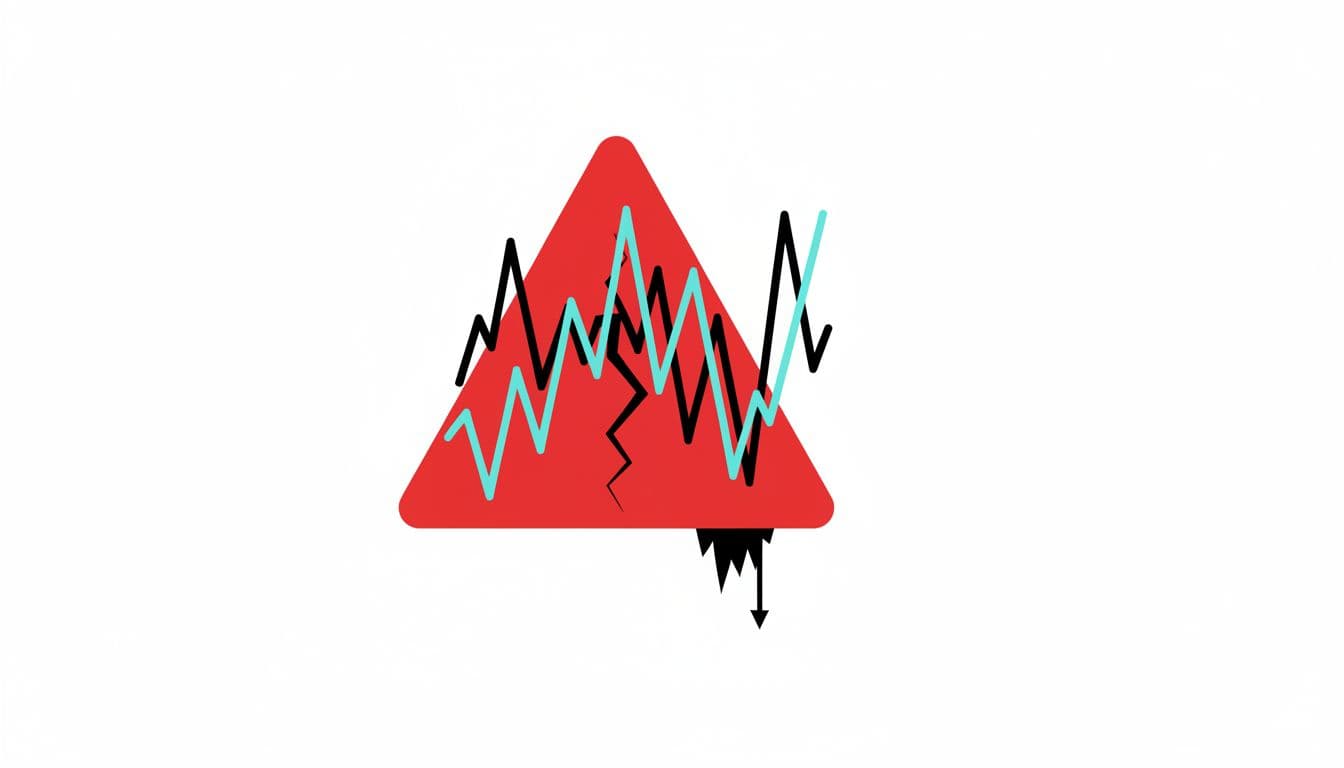 A red warning sign icon is integrated into a blue digital graph on a clean white background.
