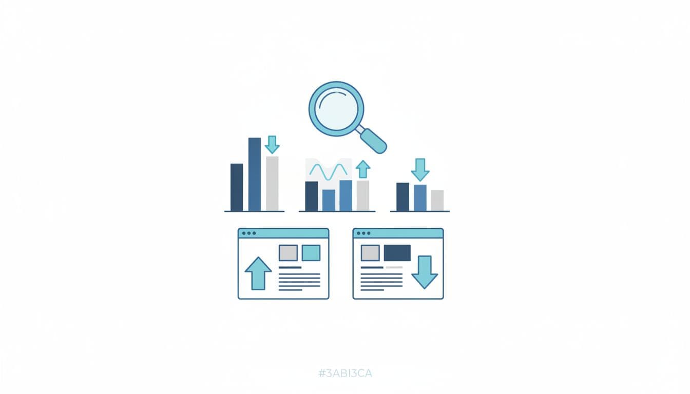 A magnifying glass hovers over bar charts and web mockups to evaluate performance metrics.