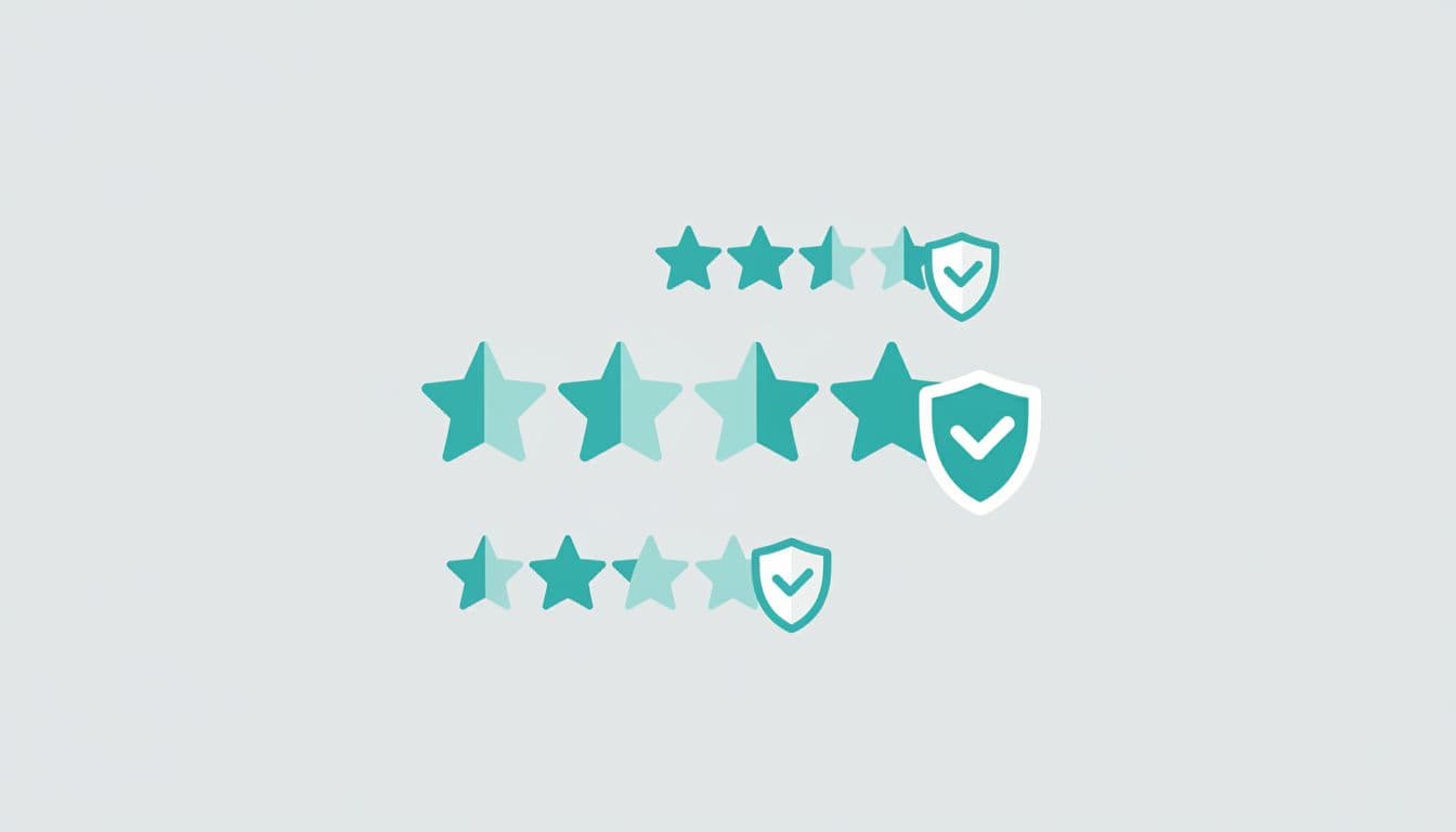 A clean digital interface featuring star ratings and verified certification badges in teal and neutral tones.