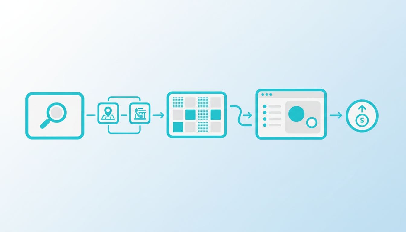 Interconnected geometric blocks form an orderly, minimalist pathway representing a structured website development process.