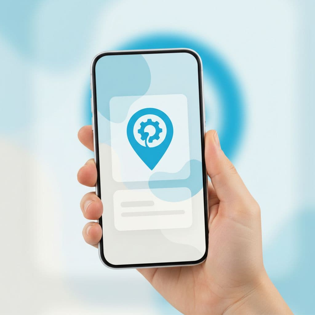 A person holds a smartphone displaying a minimalist, modern interface for a local service business.