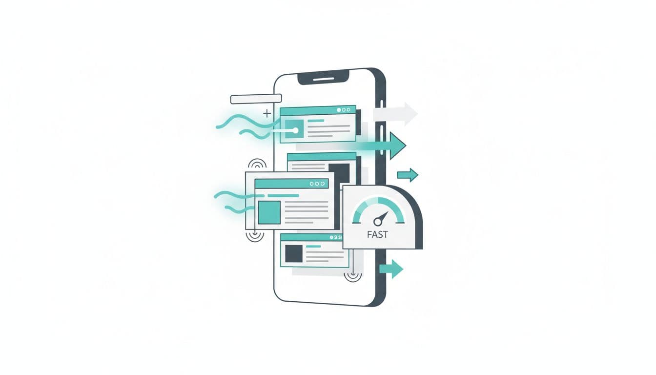 An abstract illustration shows a smartphone silhouette featuring geometric shapes representing site loading speed and layout stability.