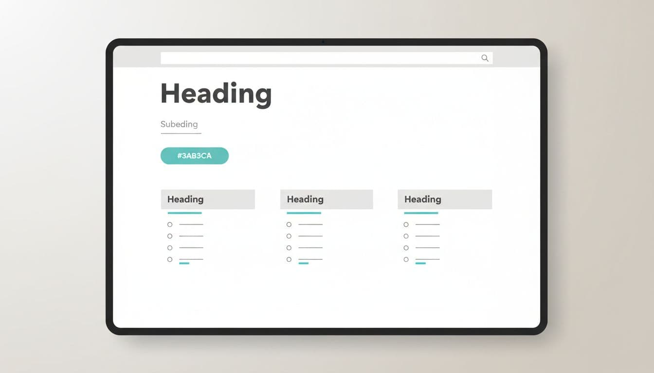 A minimalist webpage layout features structured headings and bullet points with teal-colored highlights on a neutral background.